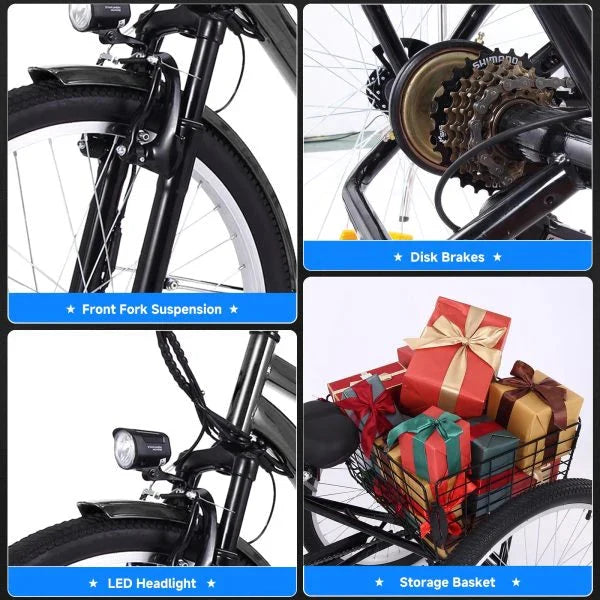 26 Inch Adult 3 Wheel Electric Tricycle with Basket, Fat Tires,7 Speeds,350W Powerful Motor, 36V 10Ah Removable Battery – Dark Gray