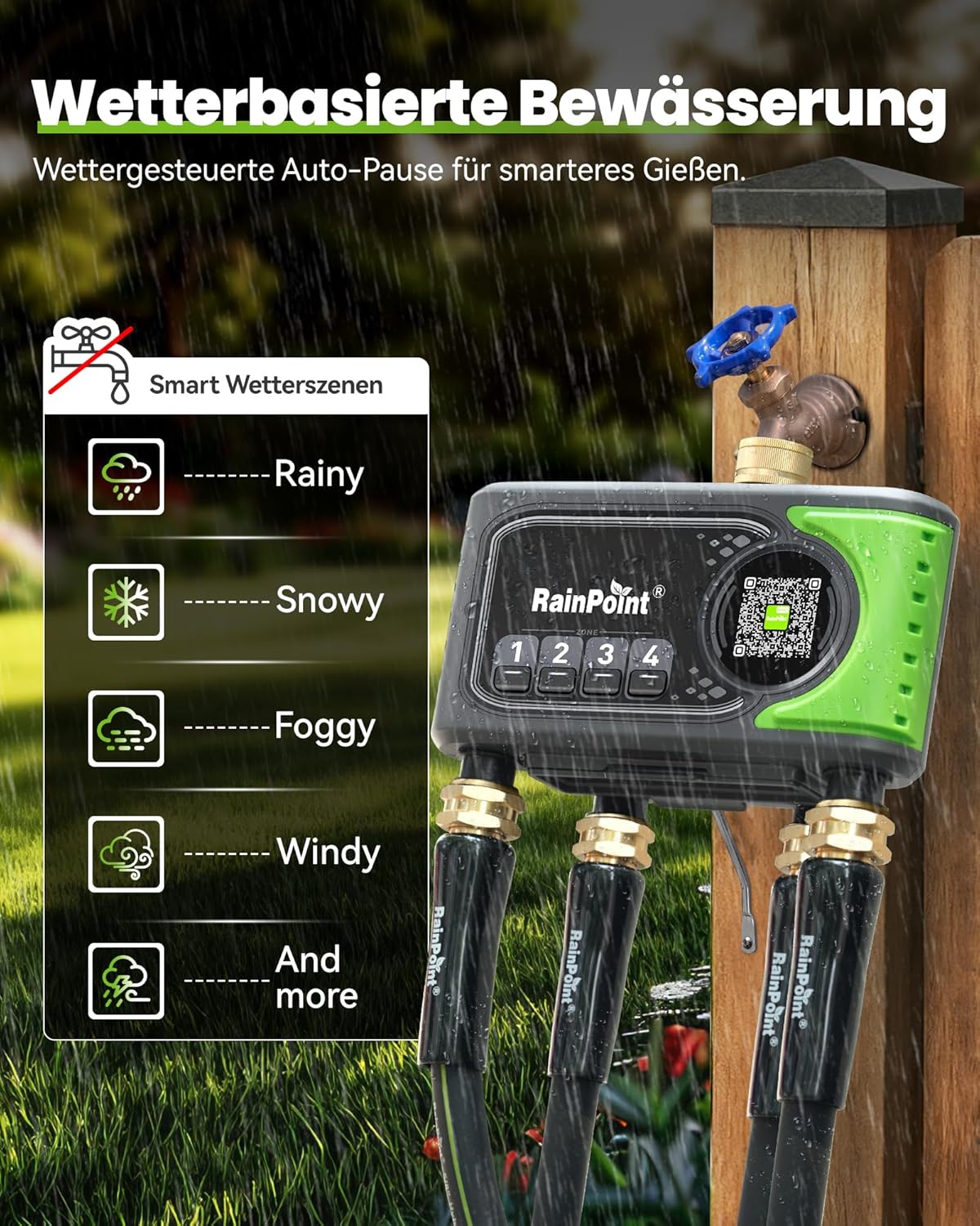RAINPOINT Bewässerungscomputer WLAN mit 4 Ausgängen, Messing Ein- und Ausgang, Bewässerungsuhr 4 Zonen mit wetter- & bodenbasierter Steuerung, App- &