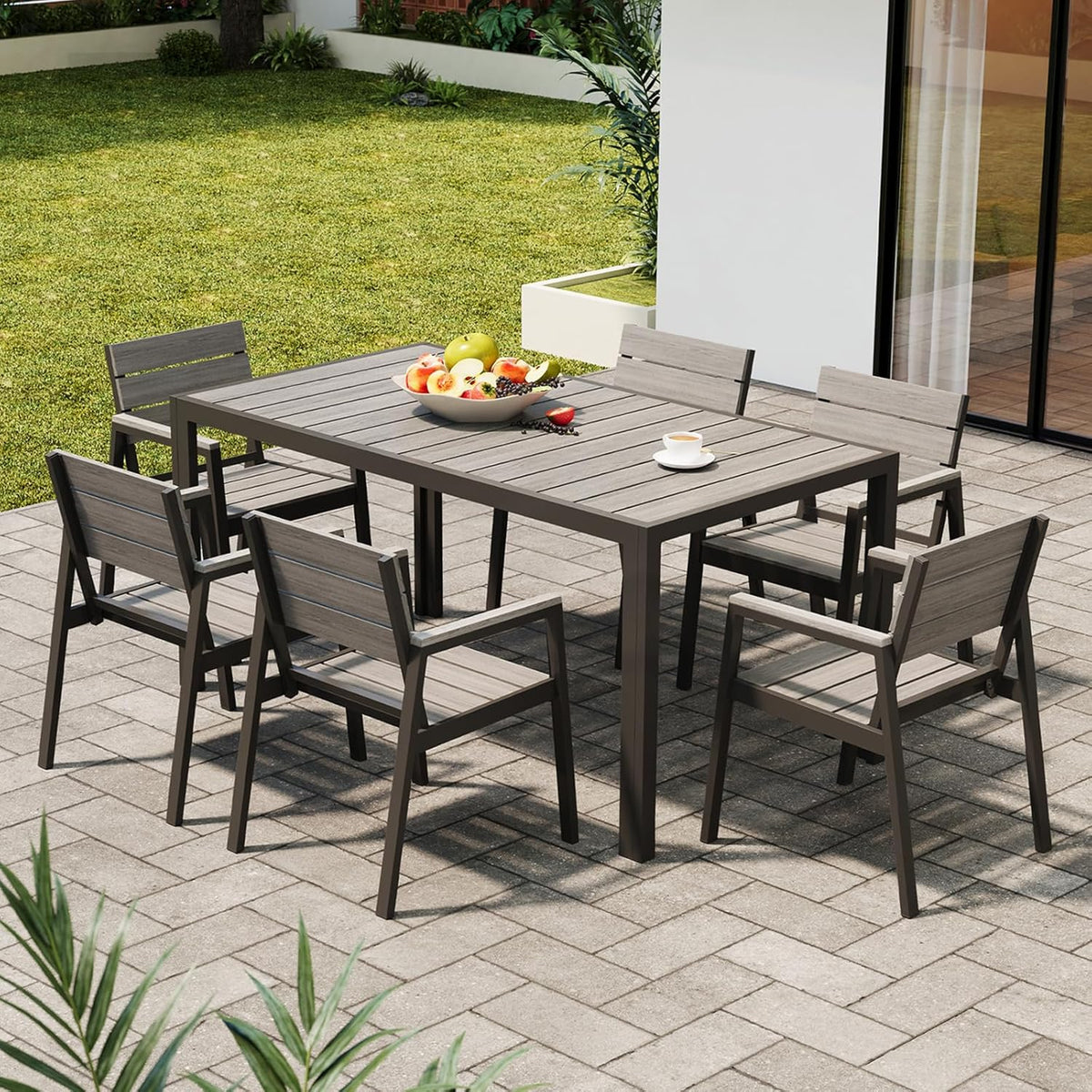 Devoko HDPS Conjunto de jardín de exterior de 7 piezas, resistente a la intemperie,con mesa de 150 cm y 6 sillas de jardín de exterior de aluminio,