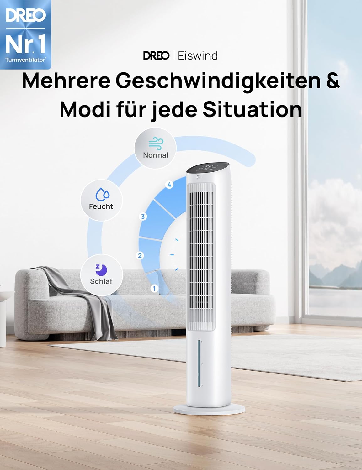 DREO Turmventilator mit Kühlung leise, Ventilator mit Wasserkühlung, 102 cm Luftkühler, Verdunstungskühler mit 80° Schwenkfunktion, 3 Modi, 4