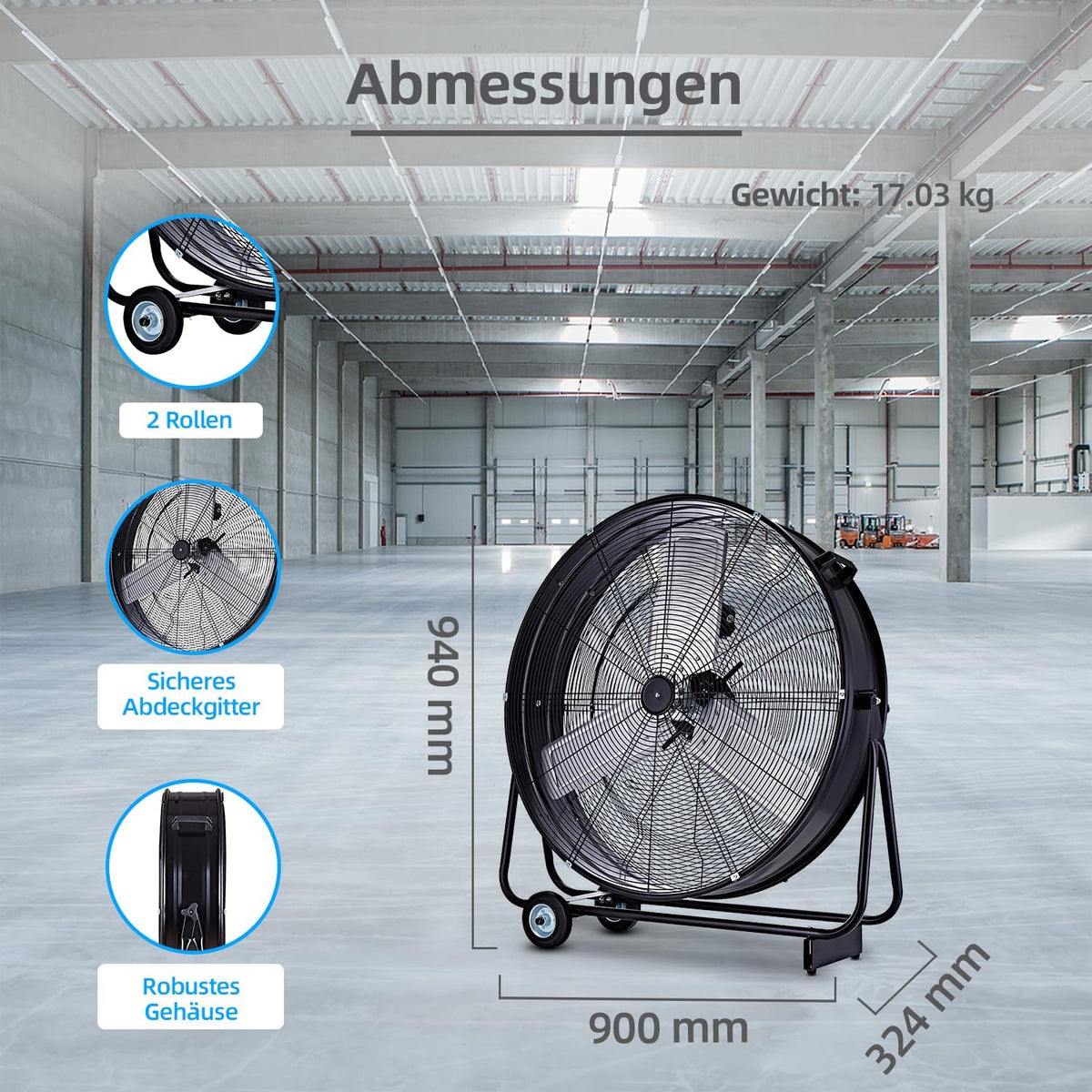Be Cool Industrie-Windmaschine 75cm BCIWM75CM – Fahrbarer Trommelventilator, Ø 75 cm (30"), 300 Watt, Vollkupfermotor, 2 Geschwindigkeiten, Aluminium-