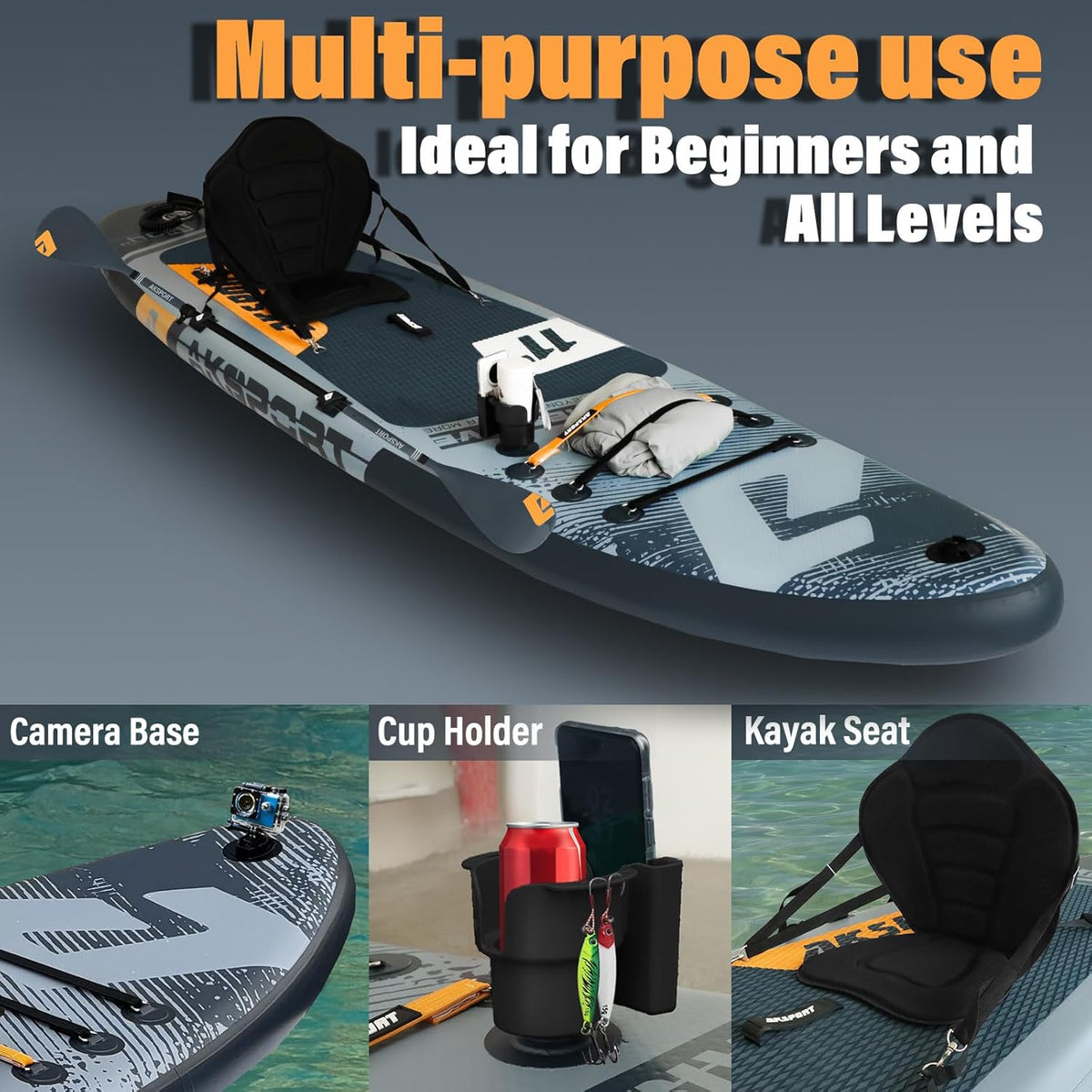 AKSPORT Tabla hinchable de surf de remo, tabla de surf hinchable con todos los accesorios, diseño ancho y estable, tabla antideslizante, tabla de remo