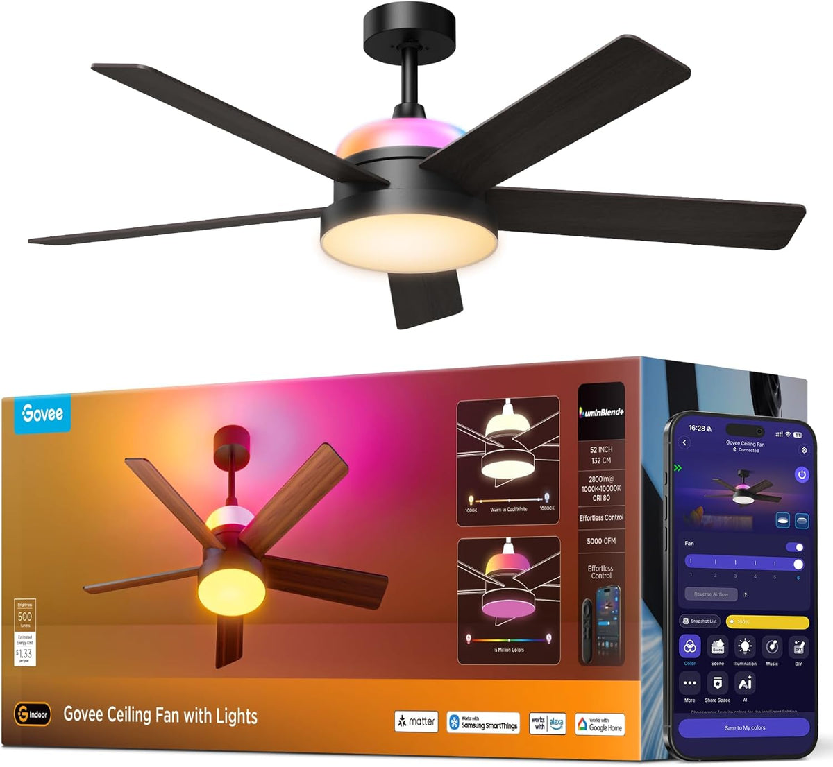 Govee Deckenventilator mit Beleuchtung RGBIC, Ø132cm Smart Leise Deckenventilator mit Licht und Fernbedienung, 2800 lm, Reversibler DC Motor,