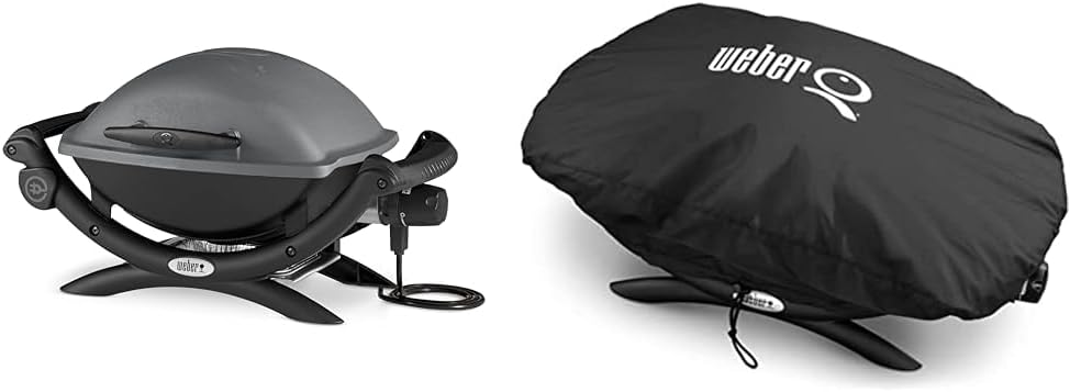 Weber Q1400 Elektrogrill, 43 x 32cm Grillfäche, portabler BBQ Grill, 2-geteilter porzellanemaillierter Guss-Grillrost, Aluminiumguss Deckel & Gehäuse