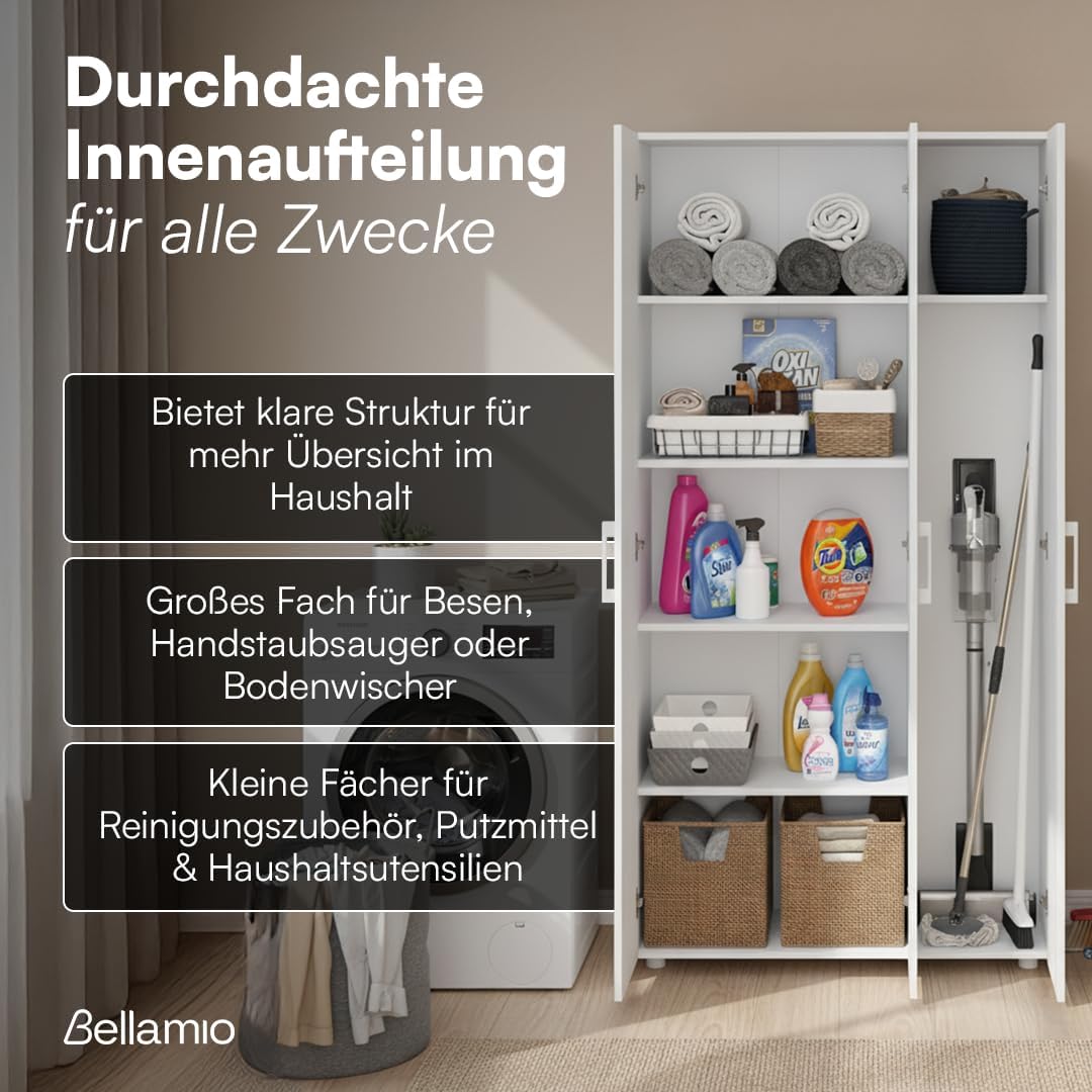 Bellamio Apol Mehrzweckschrank Weiß – Besenschrank 90 cm breit mit Stauraum – Putzschrank mit Staubsaugerfach – Vorratsschrank Küche - Aktenschrank