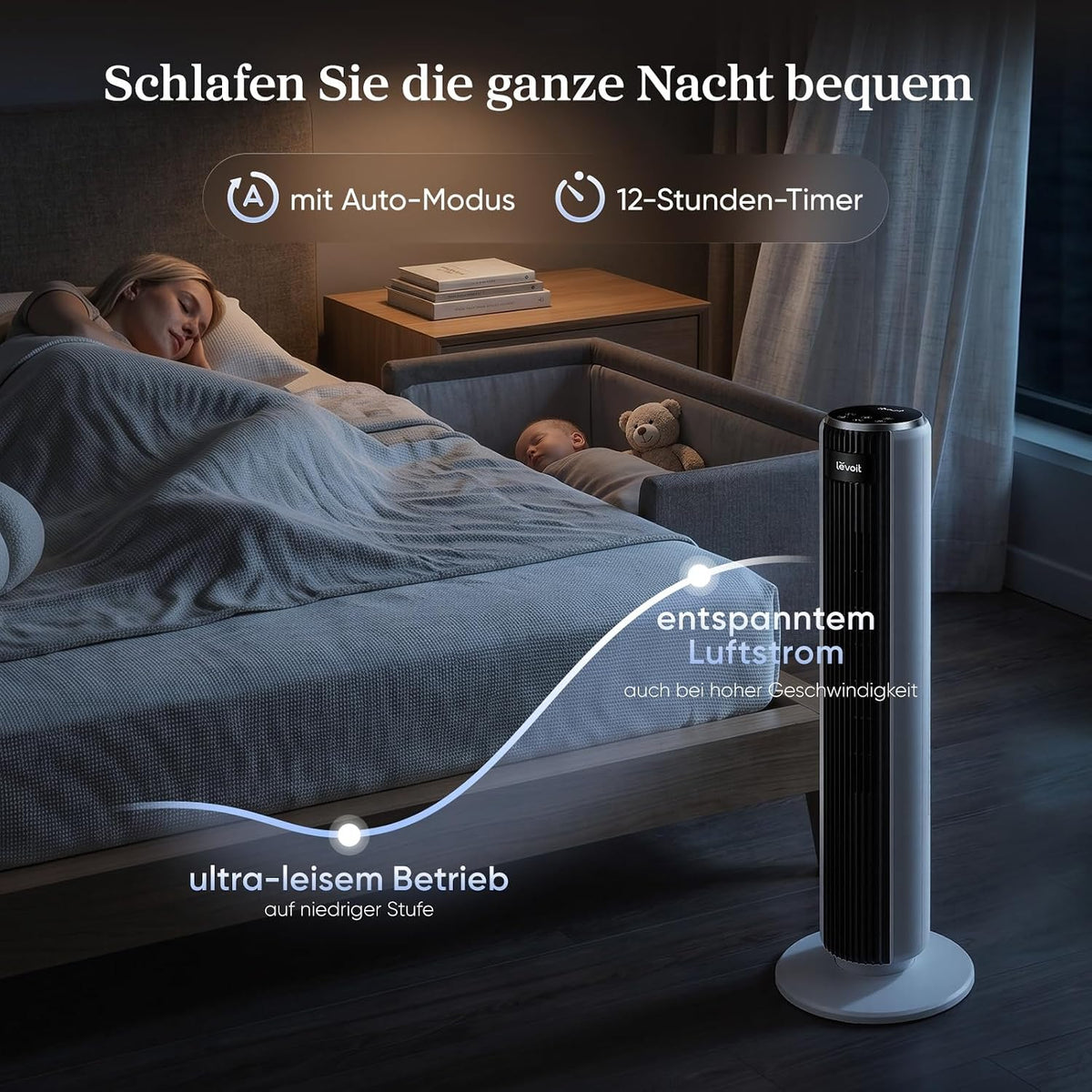 Levoit-Turmventilator mit Fortschrittlichem Schlafmodus-Ventilator leise 12Std Timer 4 Modi 5 Geschwindigkeiten-Automatikbetrieb mit Sensor-