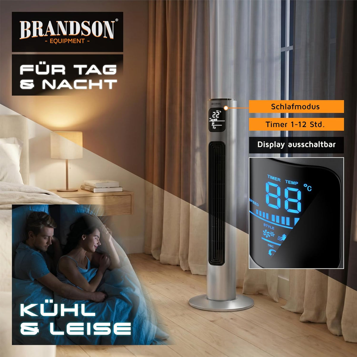 Brandson - Turmventilator mit Fernbedienung 96 cm - Preisträger 2026 - mobiler Lüfter leise - Standventilator Oszilation - 3 Geschwindigkeiten 3 Modi