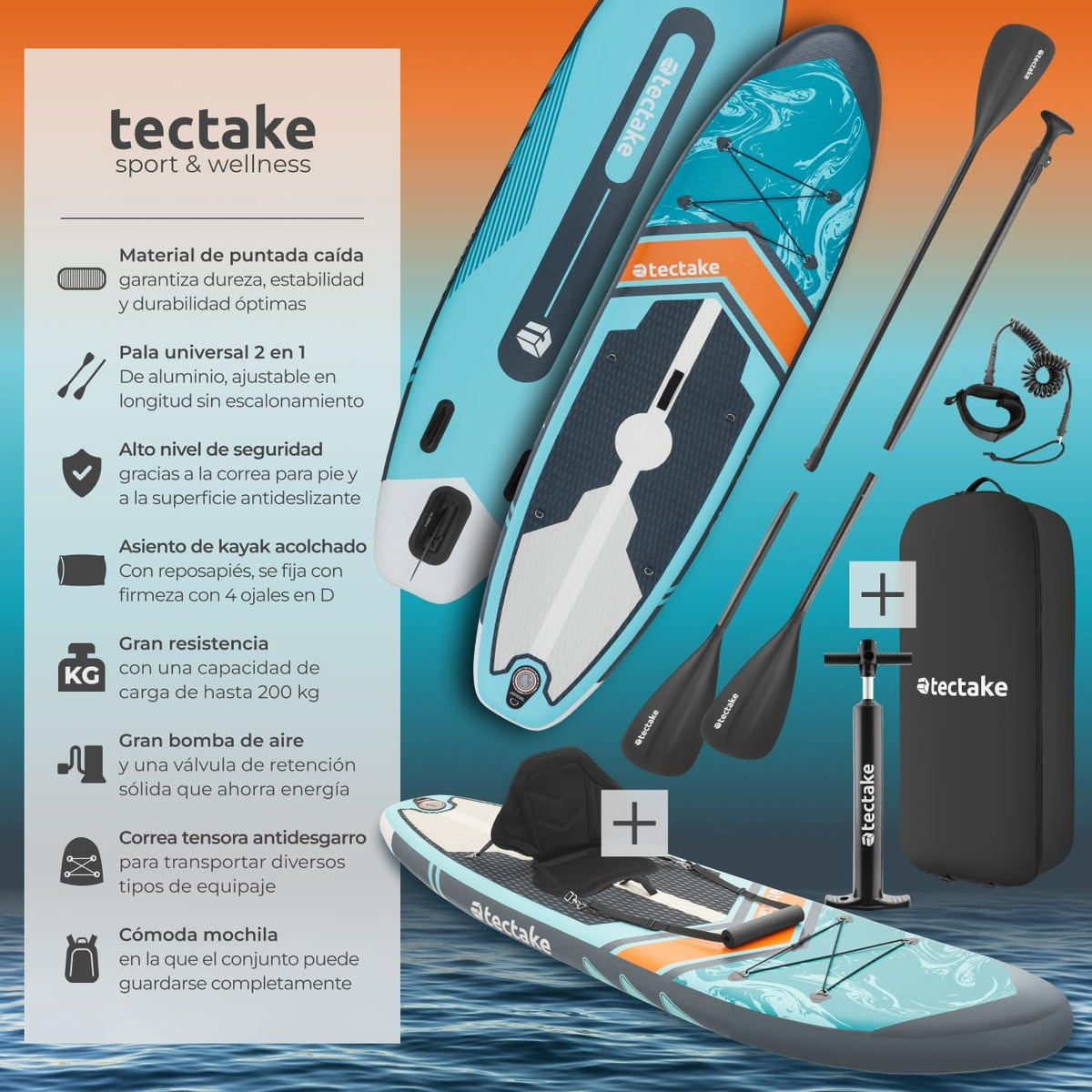 tectake Tabla de Paddle Surf Hinchable, Incluye Remo 2 en 1, Asiento de Kayak, Bomba de Aire, Mochila de Transporte, Stand Up Paddle, Accesorios