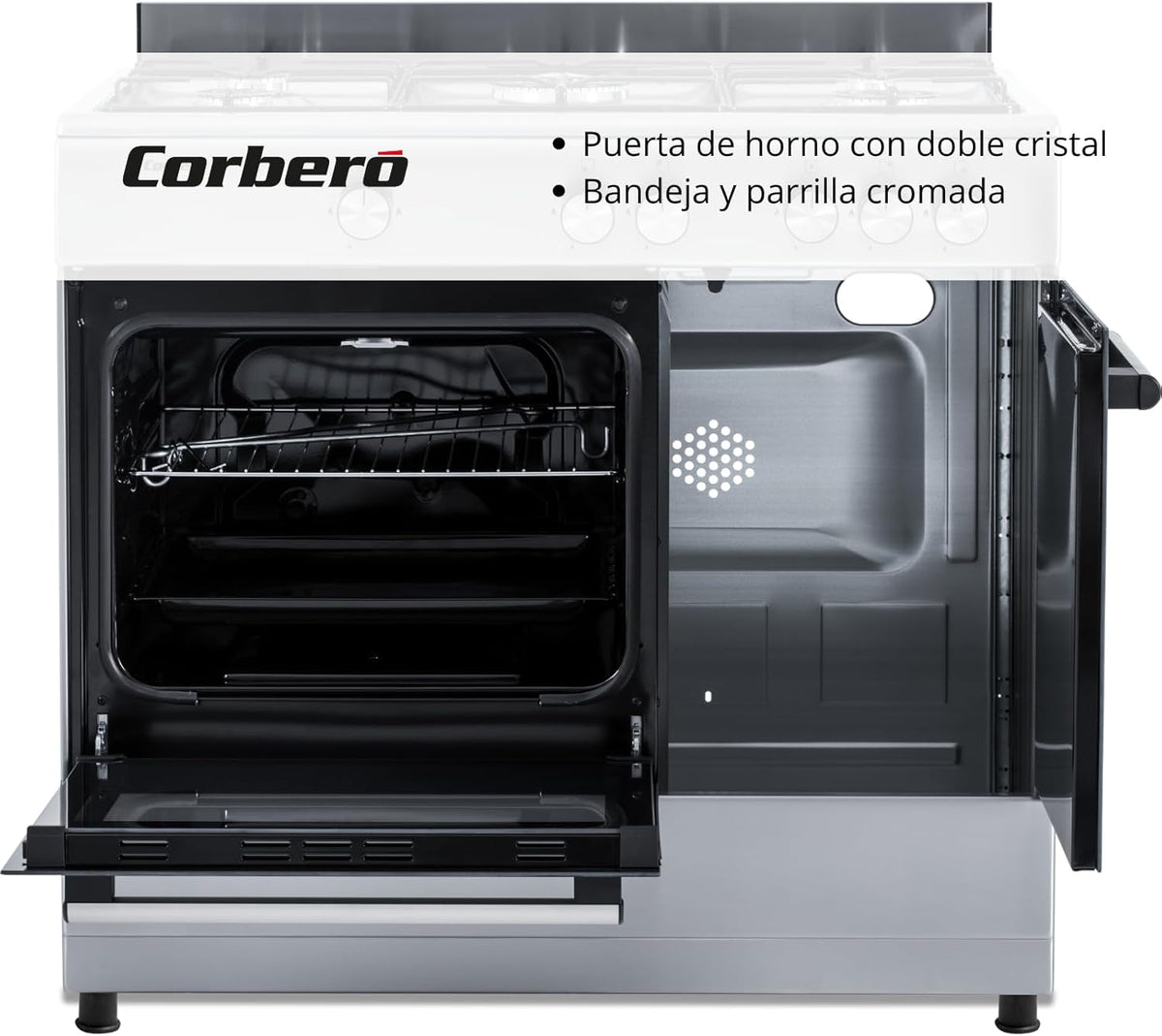 Corbero - Cocina de gas butano 5 fuegos | CC510GB90X | 80x90x60 | Horno de 60L con puerta doble | Wok en medio| Encendido Manual | Cajón