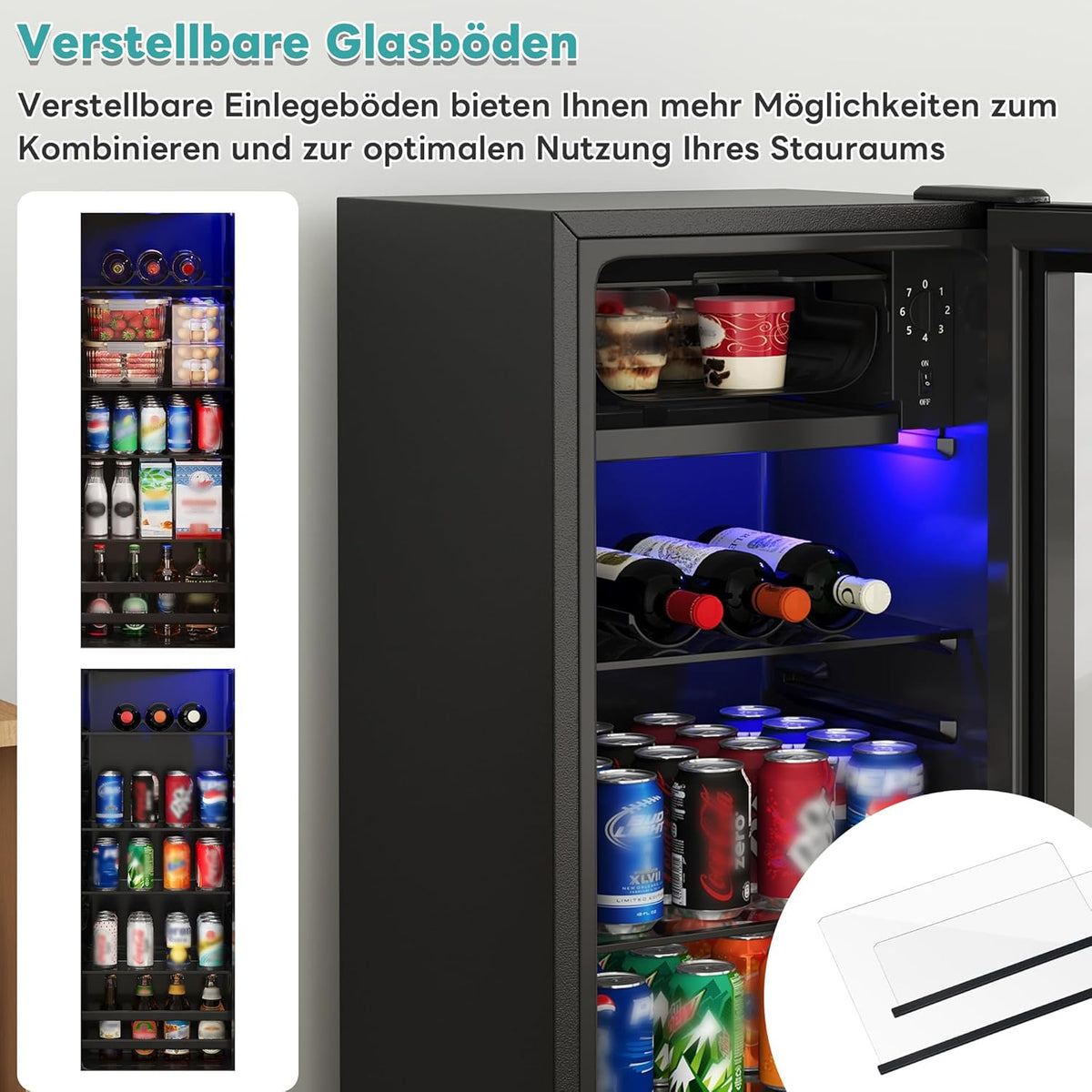 Merax Kühlschrank 128L, Freistehend Getränkekühler mit 120L-Kühlschrank + 8L-Gefrierschrank, mit LED-Innenbeleuchtung und Verstellbare Einlegeböden,