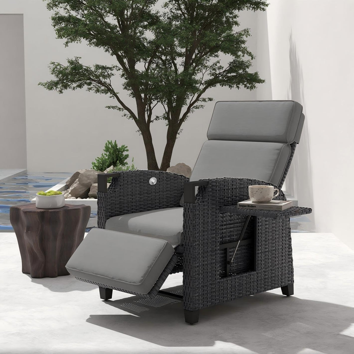 UDPATIO Sillón Ratán Jardin Exterior Reclinable, Tumbona de Jardín Ajustable 150°, con Respaldo Ajustable, Fundas + Extraíbles Cojines, Impermeable,