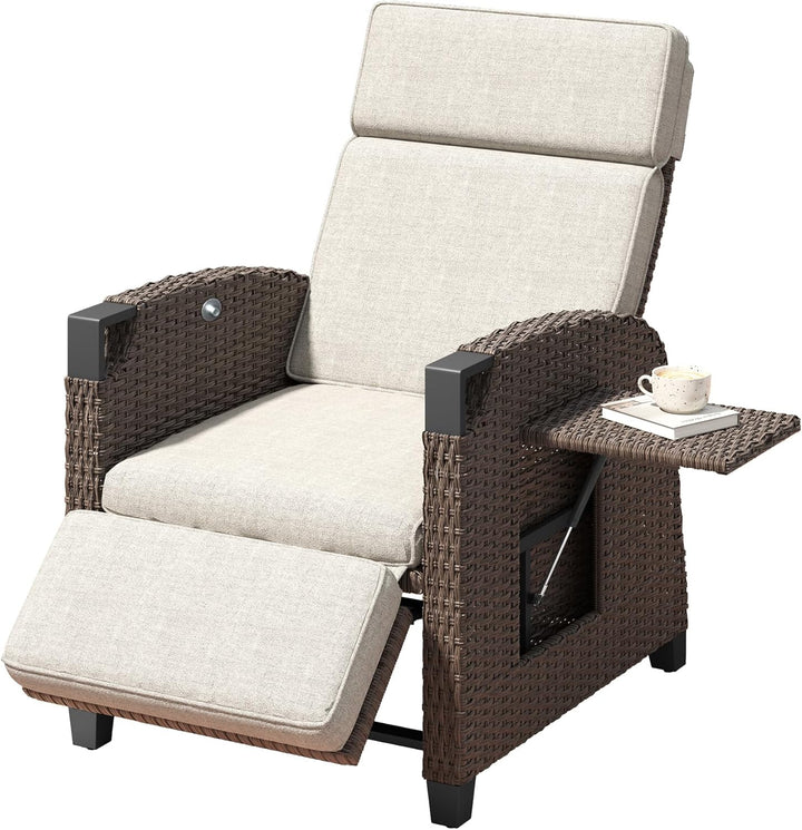 Amopatio Relaxliege Liegesessel, Rattan Sonnenliege mit Verstellbar Rückenlehne und Klapptisch, Outdoor Gartensessel wetterfestes, für Terrasse,