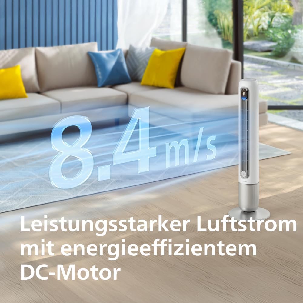 Philips Smarter Turmventilator 7000 Series – 8,4 m/s stark, ultraleise 22 dB, energieeffizient, App & Fernbedienung, Wlan, 12 Stufen, Schlafmodus,
